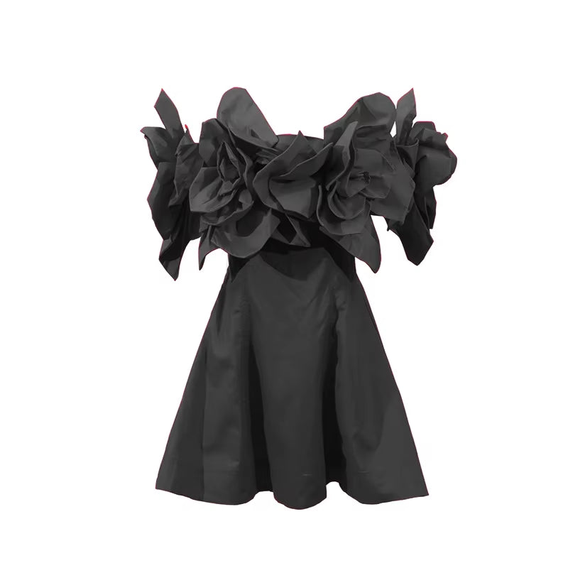 Factory Wholesale Three Dimensional Big Flower Splicing off Shoulder Solid Color Waist Short 2025 Prom Dresses Evening Dress
