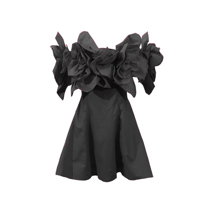 Factory Wholesale Three Dimensional Big Flower Splicing off Shoulder Solid Color Waist Short 2025 Prom Dresses Evening Dress