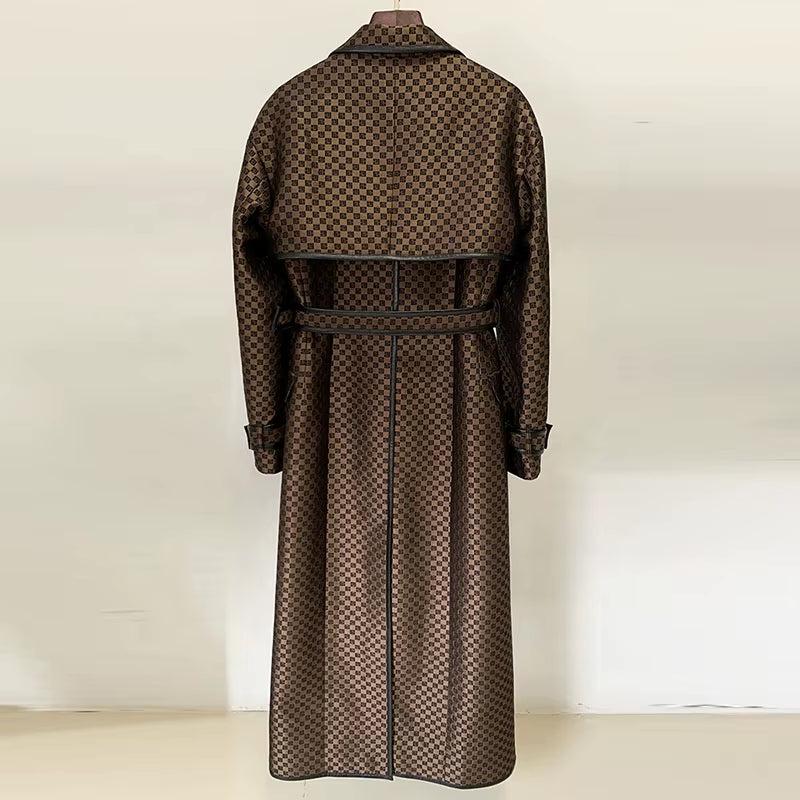 OUDINA Custom Fashion Belt Jacquard Pattern over the Knee Jackets Long Coat Trench Windbreaker Jacket