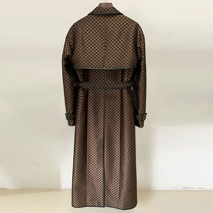 OUDINA Custom Fashion Belt Jacquard Pattern over the Knee Jackets Long Coat Trench Windbreaker Jacket