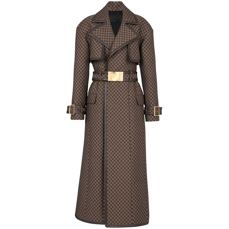 OUDINA Custom Fashion Belt Jacquard Pattern over the Knee Jackets Long Coat Trench Windbreaker Jacket