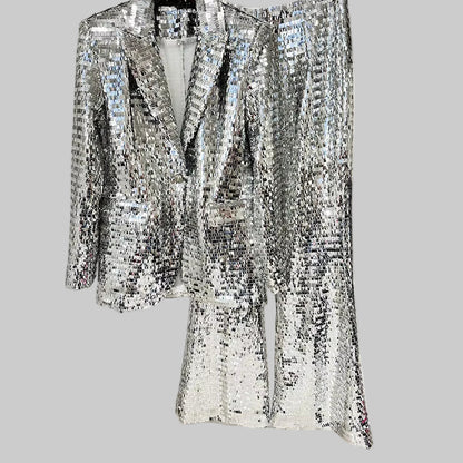 OUDINA Spring New Elegant Mesh Sequin One Button Blazer Jacket Suit Trousers Office Formal Two Piece Women'S Suit Sets