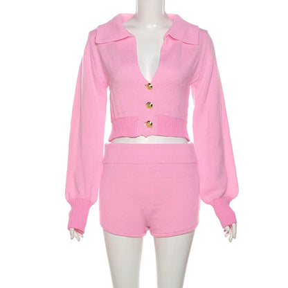  Two Piece Cardigan Knitted Shorts Set