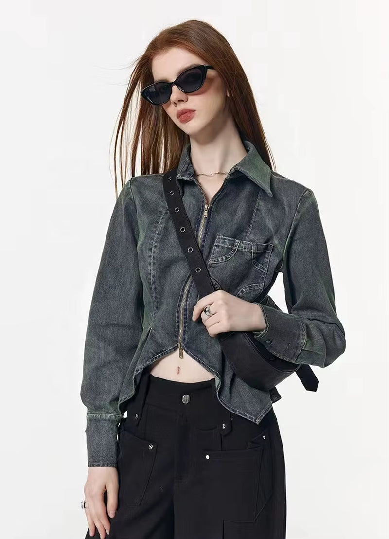 OUDINA High Elastic Multiple Ways to Wear Casual Crop Top Jean Jacket Denim Tops for Women