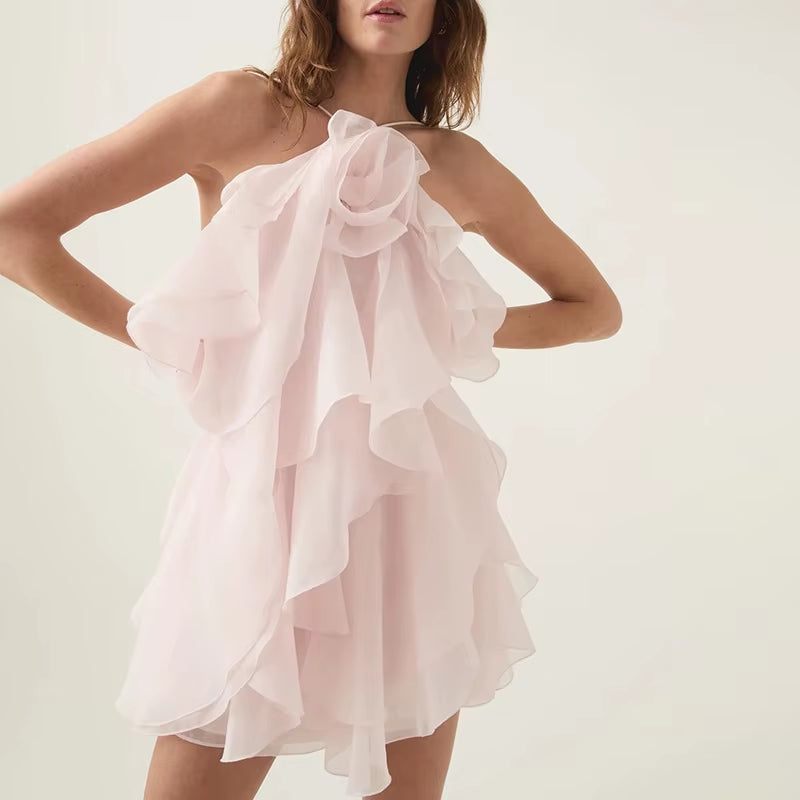 OUDINA New Women Clothing Halter Neck Three-Dimensional Flower Sleeveless Dresses Summer Dress for Women