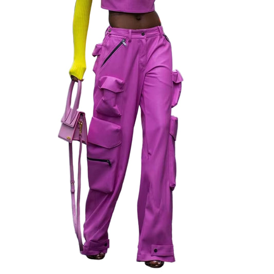 OUDINA New Street Fashion Multi Pocket PU Design High-Waist Slim Leather Cargo Pants Women
