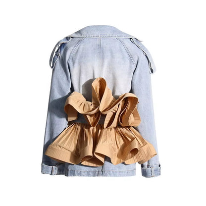 OUDINA Fashionable Contrast Color Women'S Denim Jackets & Coats Casual Ruffles Women Denim Jacket Splice Pleats Women'S Jackets