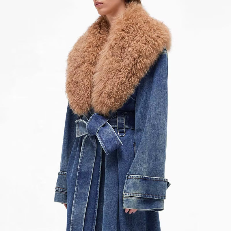  Detachable Fur Collar Denim Trench Coat 