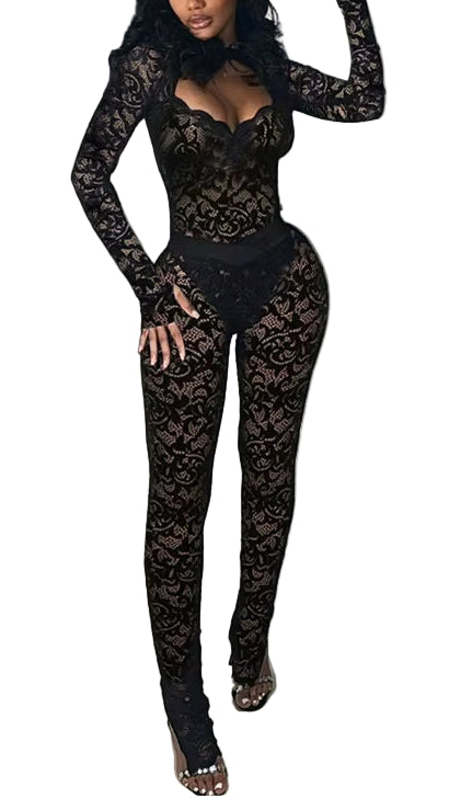 OUDINA Hotselling Autumn Street Sexy Lace Hollow Perspective Tights Two Piece Set Women Clothing 2 Piece Women'S Sets