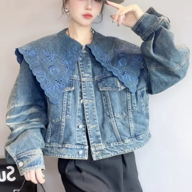 OUDINA New Arrivals Irregular Stand Collar Casual Fashion Jacket Patchwork Denim Jackets for Ladies