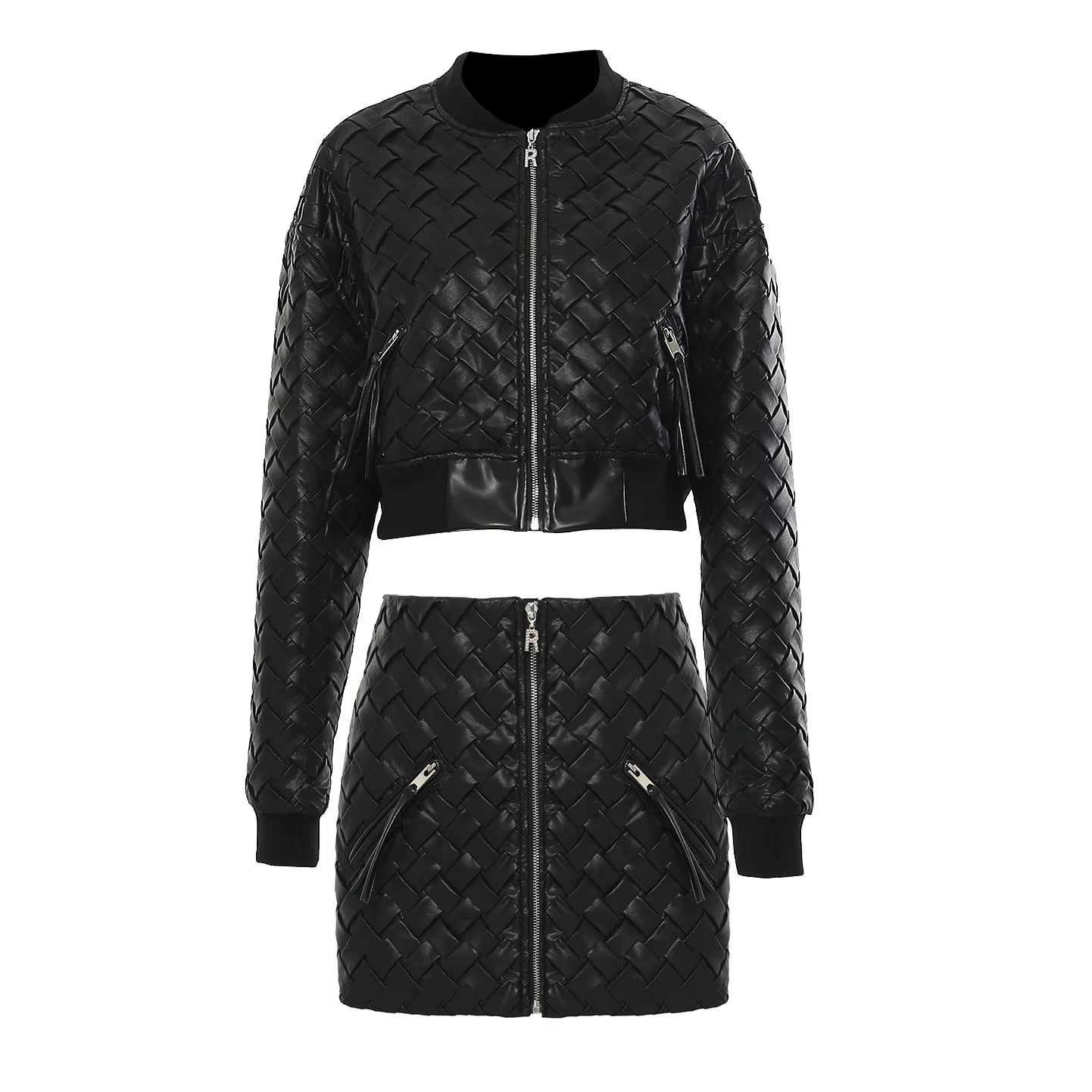 OUDINA PU Cross Weave Zipper Mini Jacket Two Piece Skirt Set Fashion Women'S Jacket Set Women Two Piece Set