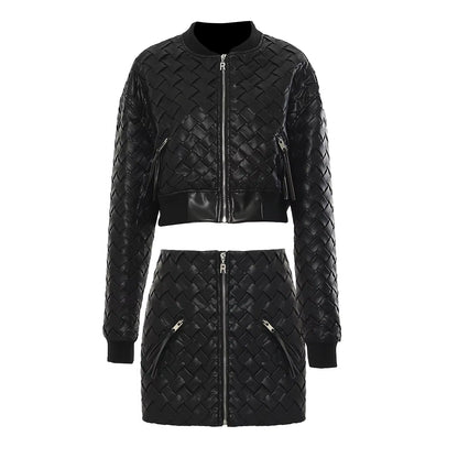 OUDINA PU Cross Weave Zipper Mini Jacket Two Piece Skirt Set Fashion Women'S Jacket Set Women Two Piece Set