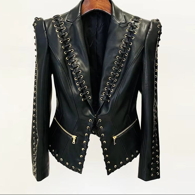 OUDINA Trendy Wholesale Supplies Eyelet Rope Drawstring Slim Suit Jacket Coat Women'S Blazer PU Leather Jacket