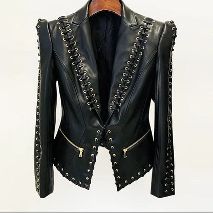 OUDINA Trendy Wholesale Supplies Eyelet Rope Drawstring Slim Suit Jacket Coat Women'S Blazer PU Leather Jacket