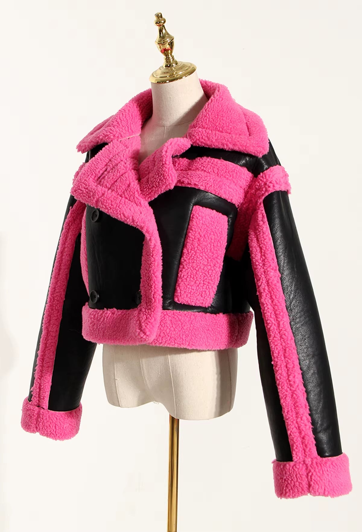 OUDINA Fashionable Winter Wholesale Cropped Contrast Color Motorcycle Jacket Faux Fur Coat Women