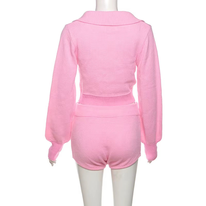  Two Piece Cardigan Knitted Shorts Set