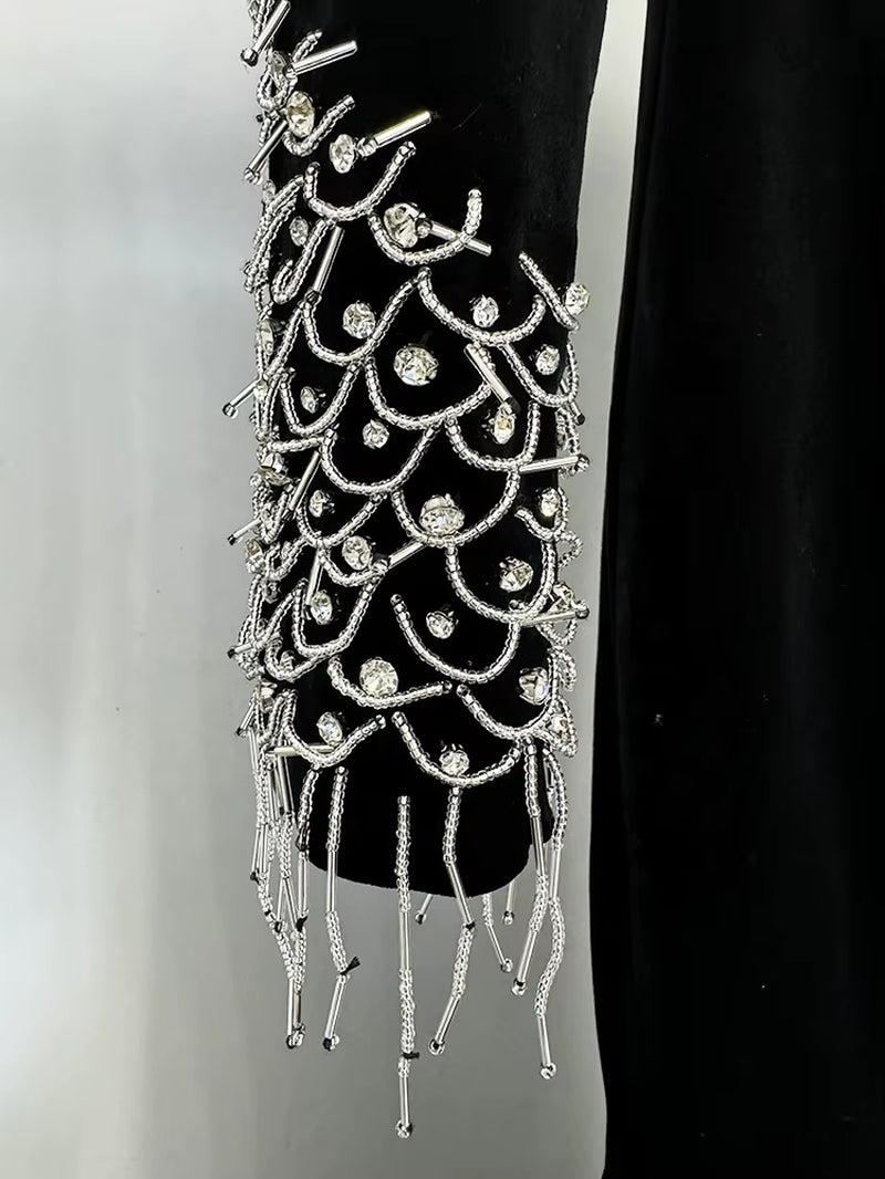 OUDINA Wholesale Manufacturer Beaded Acetate Velvet Train Long Dresses Party Club Evening Elegant Women'S Dress