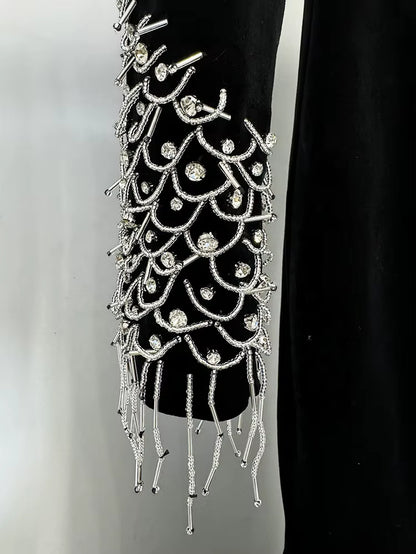 OUDINA Wholesale Manufacturer Beaded Acetate Velvet Train Long Dresses Party Club Evening Elegant Women'S Dress