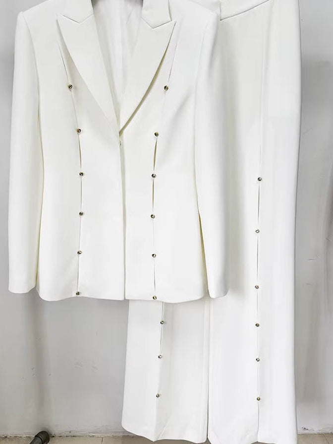 OUDINA Fashion White Elegant Hollow Office Formal Profession Lady Two Piece Sets Suits Trousers Women Suit Blazer