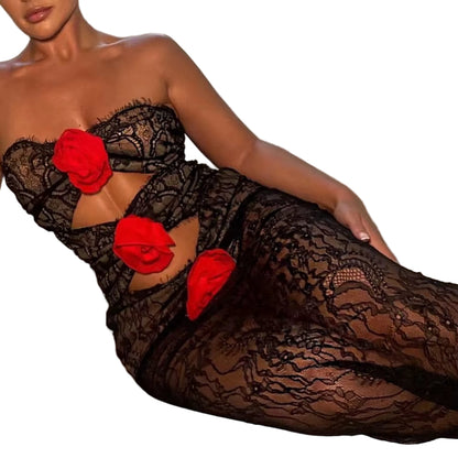 OUDINA European Spring 2024 Flower Tube Top Hollow Perspective Lace Party Evening Elegant Long Women'S Dresses