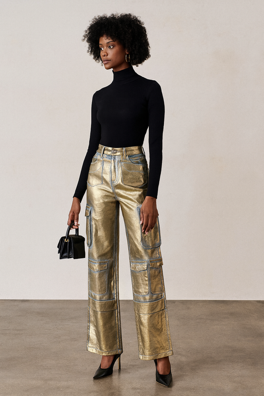 Shine Bright in Golden Era Metallic Cargo Jeans - The Ultimate Statement Piece for Street Style