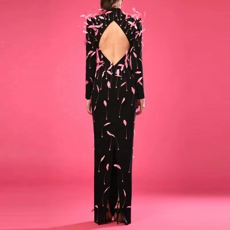 OUDINA New Trendy Luxury Feather Decoration Backless Long Evening Dress Lady Elegant Party Elegant Dresses for Women