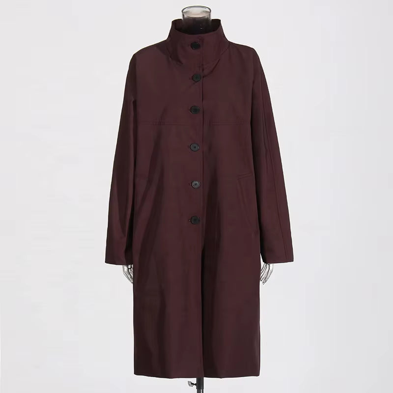 OUDINA Fashion Elegant Stand Single-Breasted Loose Ladies Coat Solid Long Trench Coats Simple Women'S Coats
