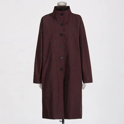 OUDINA Fashion Elegant Stand Single-Breasted Loose Ladies Coat Solid Long Trench Coats Simple Women'S Coats