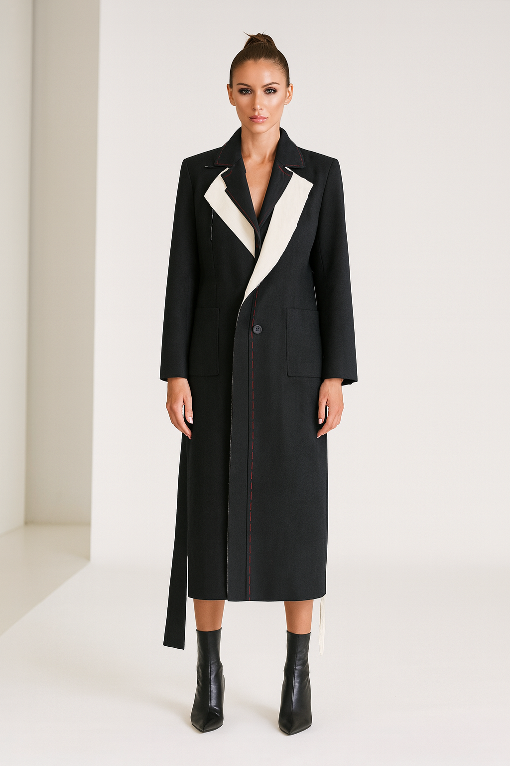 Asymmetrical Contrast-Lapel Long Coat