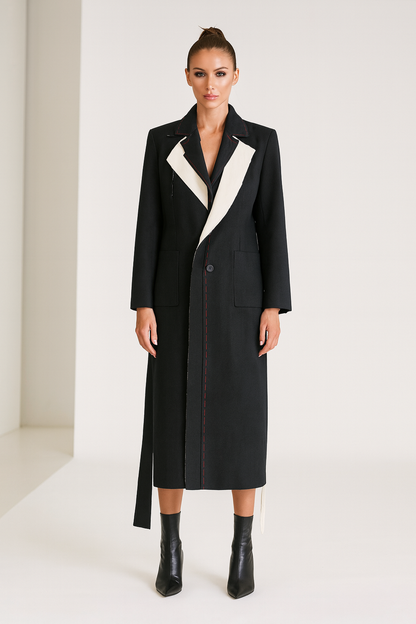 Asymmetrical Contrast-Lapel Long Coat