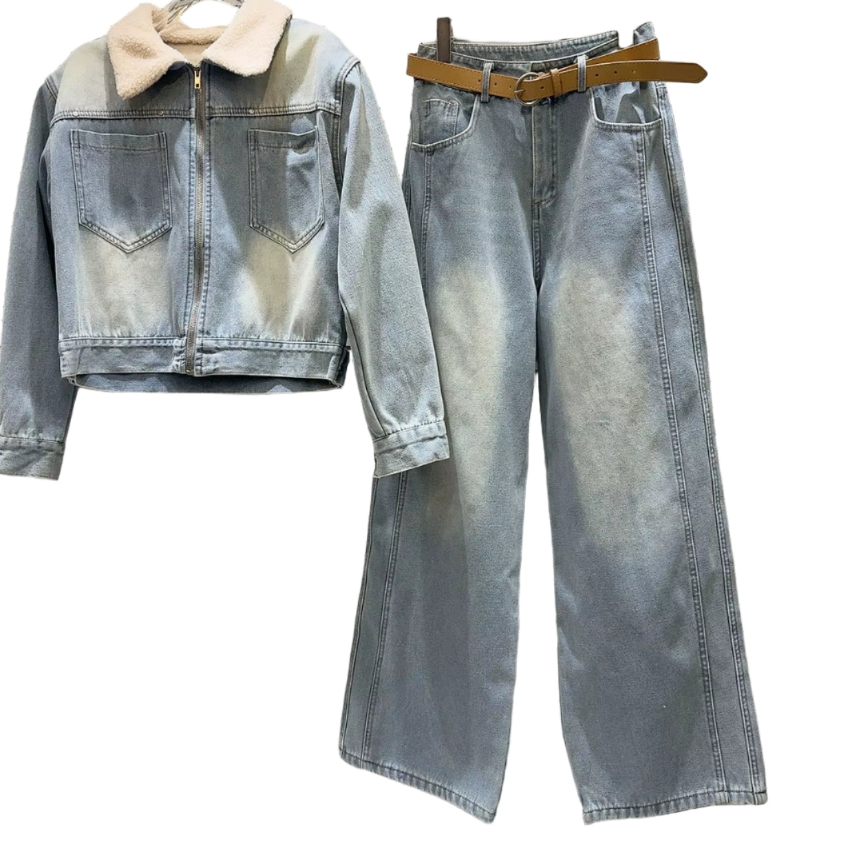 OUDINA Fashion Street Wear Top and Jean Pants Set Women 2 Piece Pant Sets