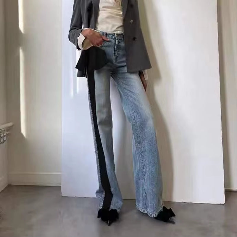 OUDINA New Temperament Bow Splicing Contrast Color Flared Jeans Elegant Simple Denim Jeans Casual Women'S Jeans