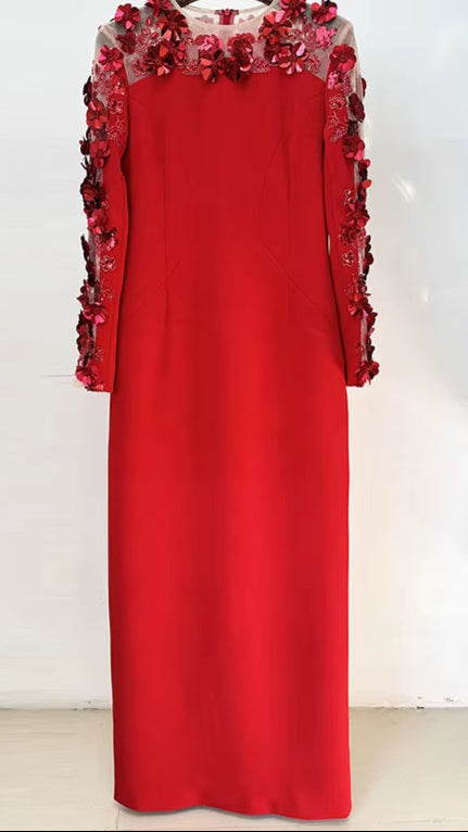 OUDINA New Style Beaded Red Splicing Dimensional Flower Mesh Sleeve Long Dress Dinner Lady Elegant Women Evening Dresses