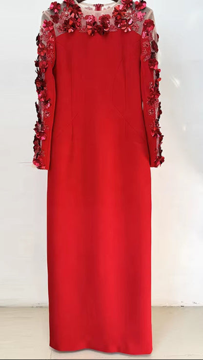 OUDINA New Style Beaded Red Splicing Dimensional Flower Mesh Sleeve Long Dress Dinner Lady Elegant Women Evening Dresses