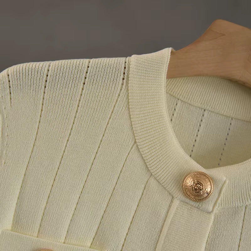 OUDINA Summer French Casual Elegant Button Short Sleeve Cardigan Top Women'S Knitted Sweater