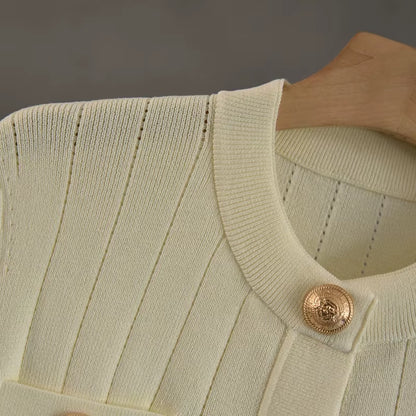 OUDINA Summer French Casual Elegant Button Short Sleeve Cardigan Top Women'S Knitted Sweater