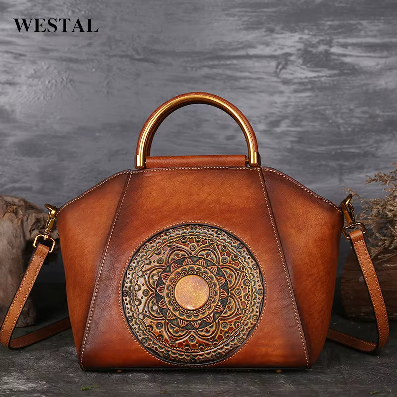 Westal Cowhide Leather Purses and Handbags Vintage Totem Satchel Bag Crossbody Genuine Leather Handbags Tote Bags for Women