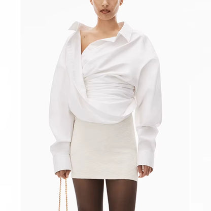 OUDINA New Fashion Irregular Simple Shirt Cross Strapless Design Long-Sleeved Crop Top Women'S Shirts