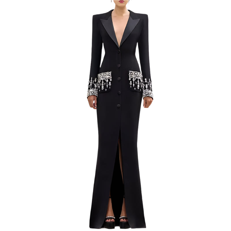 OUDINA Fashion Beaded Diamond Elegant Single Breasted Casual Maxi Long Fishtail Dress Party Women'S Dresses