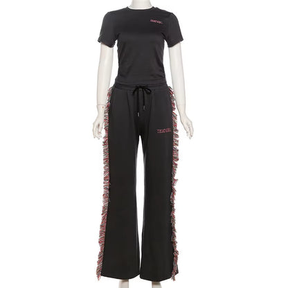 OUDINA Hotselling Casual round Neck Embroidered T-Shirt Tassel Fringed Set Casual Two Piece Pants Custom Sets for Women