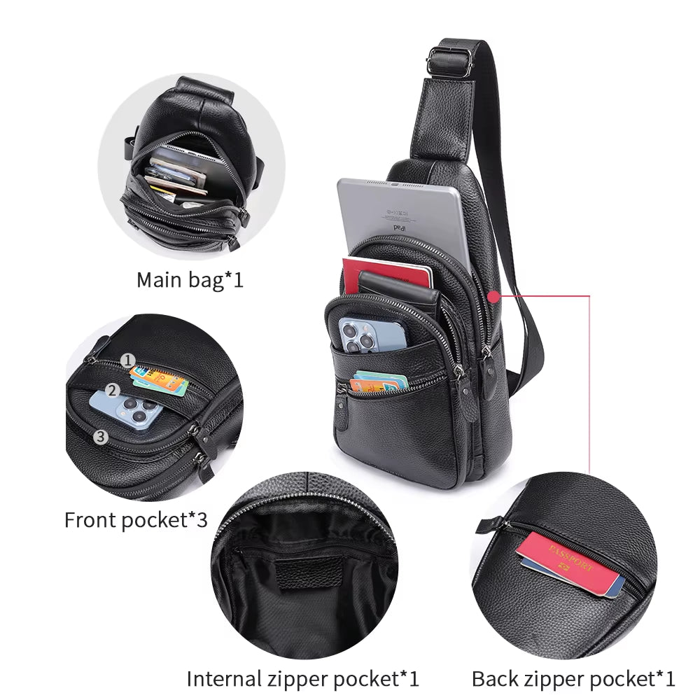 MARRANT Men'S Genuine Leather Waterproof Daypack Leather Chest Sling Bag Shoulder Crossbody Bag Chest Bags for Men