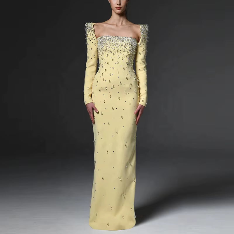 OUDINA Stylish New Long Sleeve Square Collar Beaded Diamond Rhinestones 3XL plus Size Long Gown Women Elegant Party Dresses