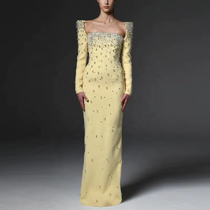 OUDINA Stylish New Long Sleeve Square Collar Beaded Diamond Rhinestones 3XL plus Size Long Gown Women Elegant Party Dresses