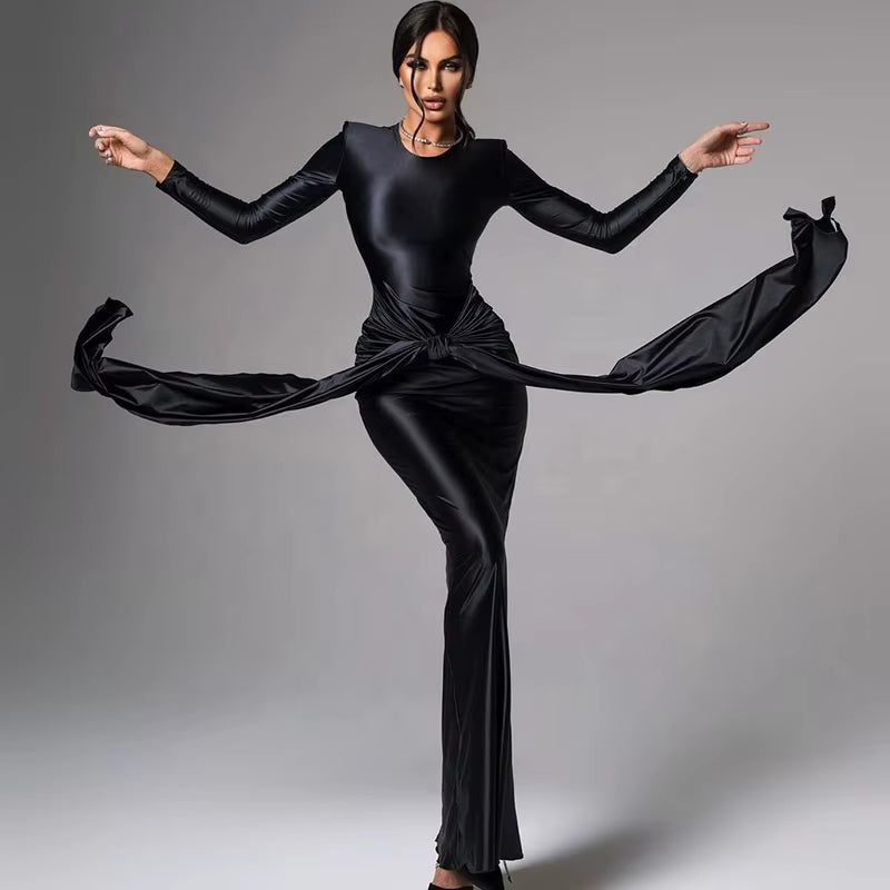 OUDINA Popular Fashion Style Casual Pleated Tight Solid Color Tight Bodycon Long Dresses Dress for Women