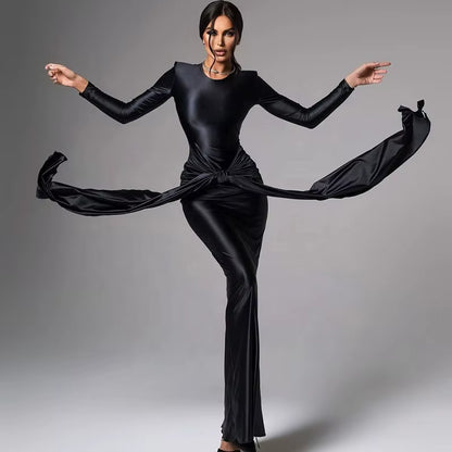 OUDINA Popular Fashion Style Casual Pleated Tight Solid Color Tight Bodycon Long Dresses Dress for Women