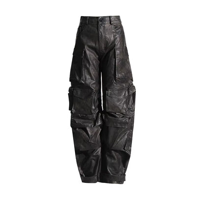 OUDINA 2023 New High Street Multi Pocket Leather Pants Solid Color High Waist Wide-Leg Cargo Trousers Women
