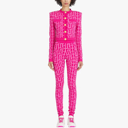 OUDINA High Fashion Elastic Jacket Knitted Top Trousers Pants Knit Two Piece Set