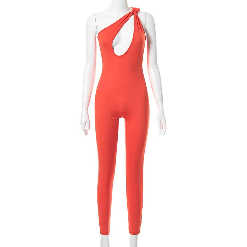 OUDINA Hot Selling Ready to Ship Solid Color Irregular One Shoulder Sleeveless Trousers Jumpsuit Women Jumpsuits