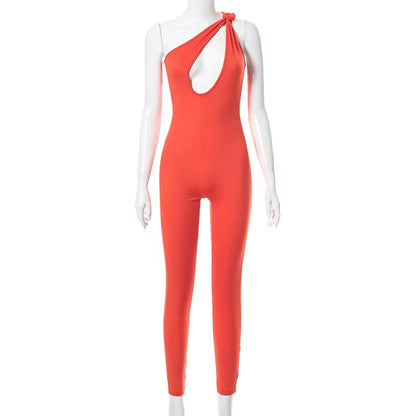 OUDINA Hot Selling Ready to Ship Solid Color Irregular One Shoulder Sleeveless Trousers Jumpsuit Women Jumpsuits