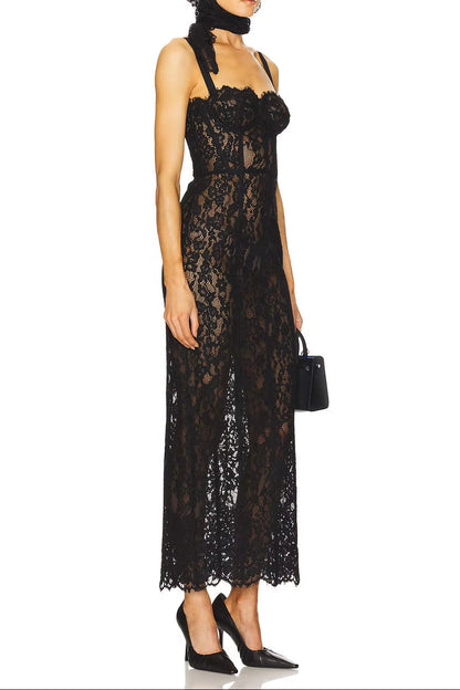 OUDINA Luxury Fashion Summer See-Through Lace Sleeveless Casual Elegant Party Gowns for Women Evening Dresses